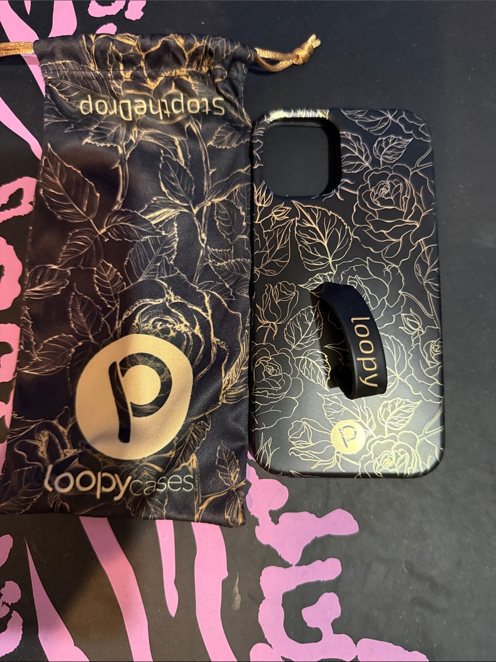Loopy Case Black & Gold Floral iPhone Case with Loopy Grip and Pouch